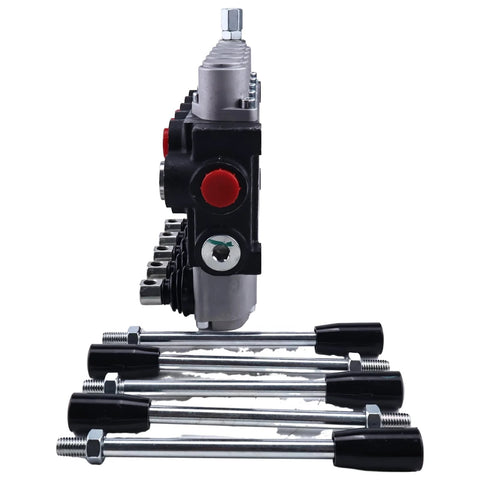 Side view of Solarhome 5-spool open-center hydraulic control valve; black body, red port caps, mounting bolts