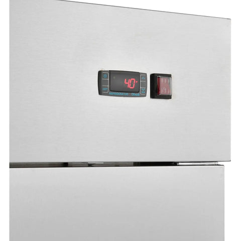 Control panel showing temperature set to 40°F on Industrial Reach In Refrigerator With 47 Cu Ft Hella Spacious Double Solid Doors Commercial Grade Stainless Steel Build For Breakrooms.