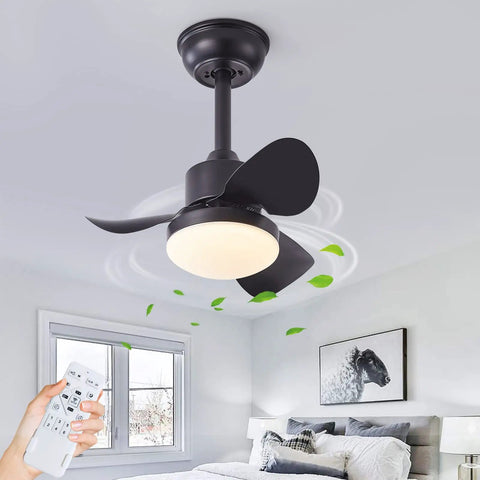 Cool 21 Inch Ceiling Fan With Lights And Remote, Modern Small Flush Mount Fan in bedroom with dimmable black metal blades.