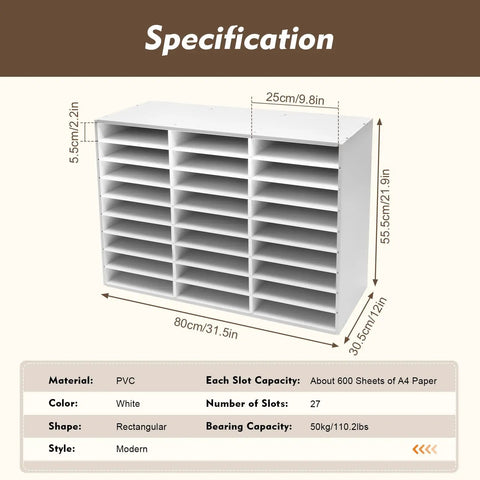 White 27 Slot Literature Organizer For Classroom Open Front Mailboxes Wooden Mail Organizer with size specifications