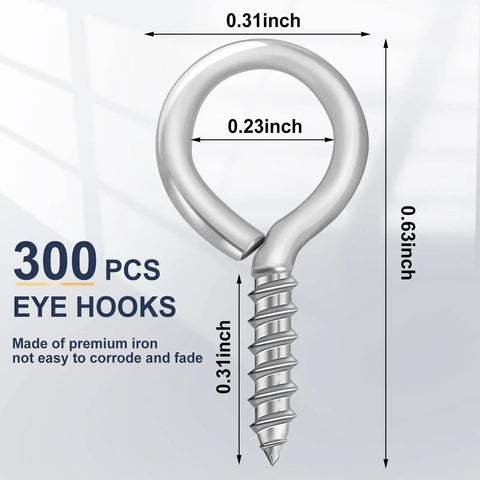 Heavy Duty Screw Eye Hooks 0.63 Inch 300 Pack Durable Iron Eye Screws for Hanging Artwork, Pictures, Mirrors, and Outdoor Use