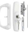 Level Up Your Home Security With This Heavy Duty Aluminum Sliding Glass Patio Door Handle Set Featuring Rock Solid Mortise Lock And Spare Keys For Dead Simple Diy Fixes, includes white handle, key, and latch components.