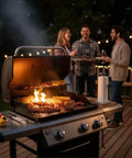 Outdoor BBQ scene with a grill, friends talking in the background, and Granite Paper Towel Holder Free Standing Kitchen Roll Holder With Durable Granite Base