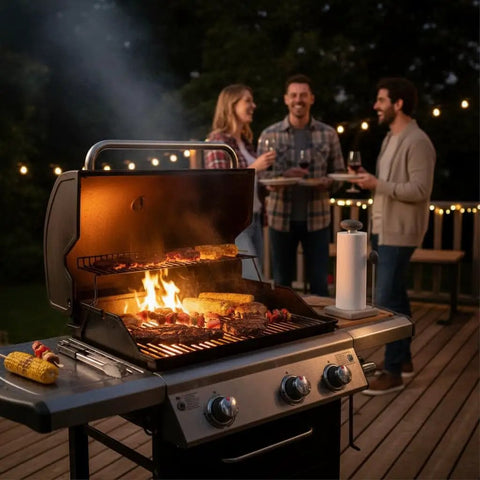 Outdoor BBQ scene with a grill, friends talking in the background, and Granite Paper Towel Holder Free Standing Kitchen Roll Holder With Durable Granite Base