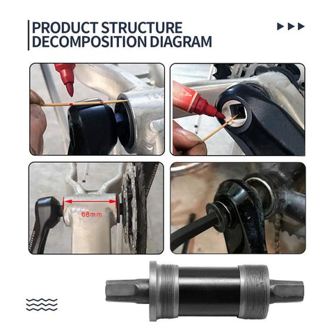 Product diagram showing installation of 68x123mm Square Taper Bottom Bracket Upgrade For 68mm Shell And 123mm Spindle Length