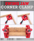 Premium Aluminum Single Handle Corner Clamp For Woodworking With Smooth Rotary Jaw And Dead Tight Grip For Easy Peasy Setup On Any Tight Fitting Cabinet Build, showing three angles in use.