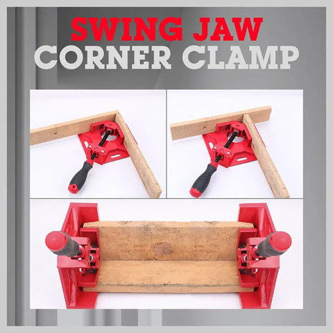 Premium Aluminum Single Handle Corner Clamp For Woodworking With Smooth Rotary Jaw And Dead Tight Grip For Easy Peasy Setup On Any Tight Fitting Cabinet Build, showing three angles in use.