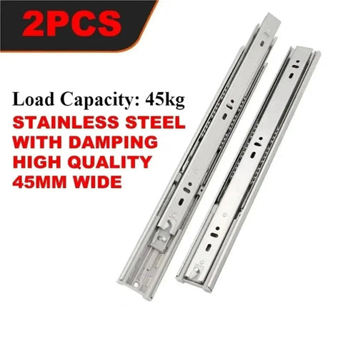 Three Section Stainless Steel Drawer Slides With Damping Buffer, 45kg Load, Heavy Duty Bottom Slide Rail, 45mm Wide, Kitchen Use