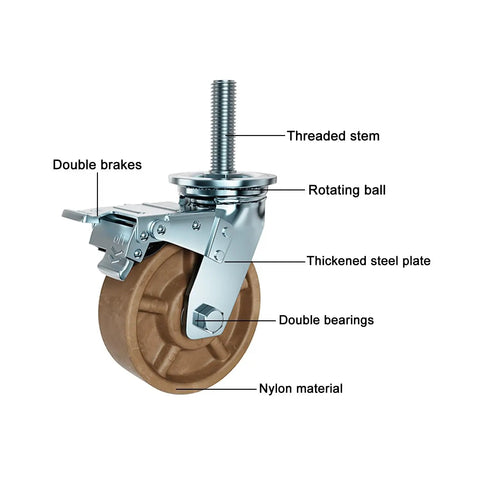Heavy Duty Industrial Caster Wheels With Brakes showing MX threaded stem, double brakes, and nylon wheel material.