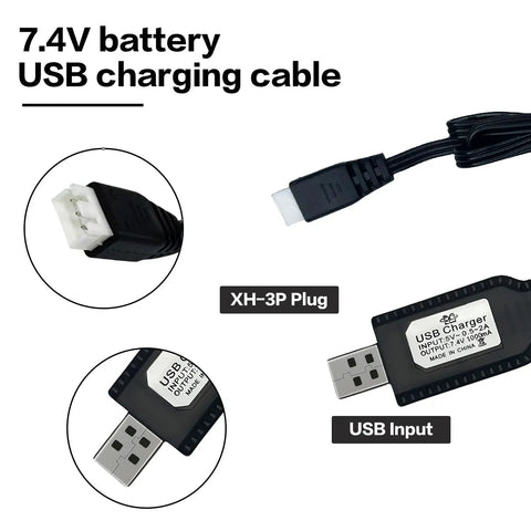Must Have 7.4V USB Charger Cable With XH 3Pin Plug For RC Cars Planes Tanks Boats And Other Remote Control Toys Universal Battery Charger With Battery Protection And Safe Charging showing plug close-ups.