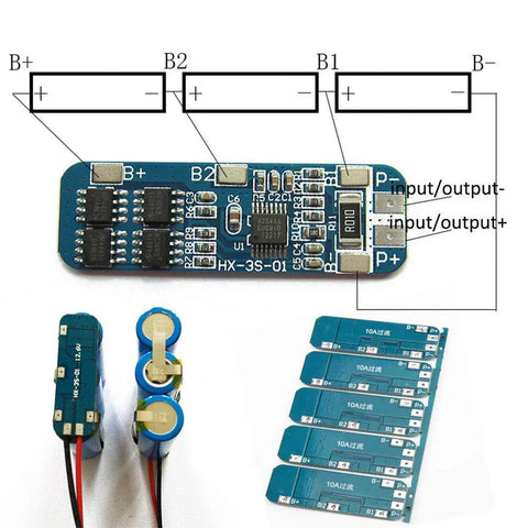 Straight Fire 3Pcs 3S Bms 12V 10A Lithium Battery Management Balance Board with labeled connection points and related components.