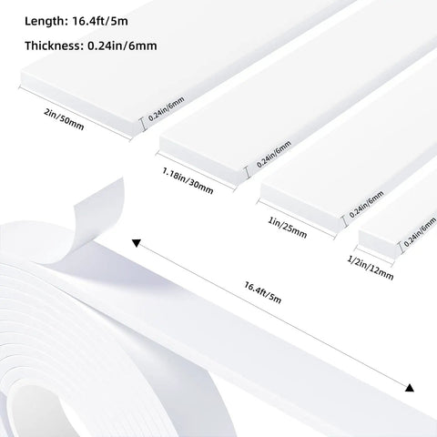 Top Tier White Weather Stripping Tape For Doors And Windows Self Adhesive High Density Foam Roll 16 4 Feet showing size and thickness details.