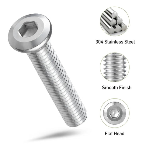 Kickass 1/4-20 X 2-1/2 Flat Head Hex Socket Cap Screws, 25 Pack 304 Stainless Steel showing smooth finish and flat head design.
