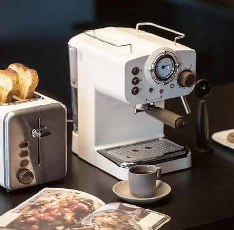 Retro Dope Semi Automatic Espresso Machine For Home Or Cafe White Metal Body With Steam And Tea Function
