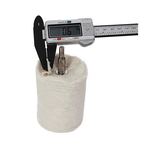 Super Smooth Cotton Polishing Cone Kit With 6mm Shank For Buffing Car Paint And Waxing Details Fast Using Any Rotary Tool. 6mm measuring tool next to cotton cone.
