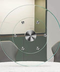Game Changer Lazy Susan Serving Tray With Whisper Smooth Tempered Glass Top and Beefed Up Aluminum Bearing Base For No Sweat Dining Table Sharing And Hassle Free Entertaining Size Thirty Five Inches Wide, featuring a clear tempered glass top and aluminum bearings.