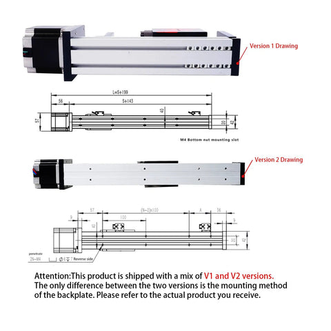 FSL40 Version 2.0 Linear Guide Table diagrams showing ball screw CNC actuator for Nema 23 motor, 250mm stroke work size.