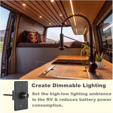 Game Changer 12v Pwm Dimmer Switch For Rvs And Trailers High Side Flicker Free Led Light Control in a stylish RV kitchen setting.