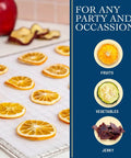 Tray with fruit slices on Silicone Dehydrator Sheets 14x14 Inch Pack Of 12 Reusable Nonstick Mesh Dehydrator Mats