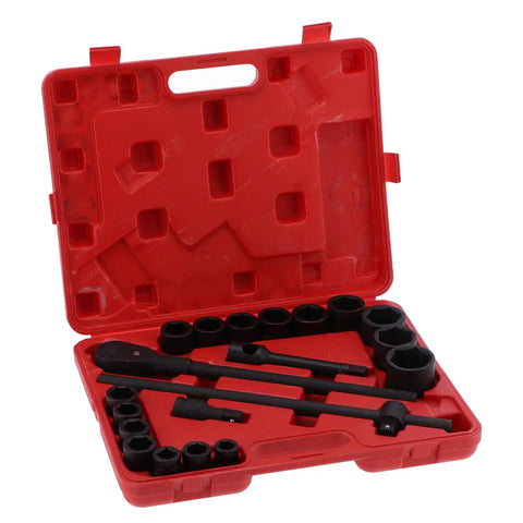 Get This Insane 21 Piece Deep Impact Socket Set With 3/4 And Two Inch Heads For Heavy Duty Vehicle Repair Jobs Making Mechanics Look Like Total Bosses Who Ace Every Tough Job Under The Hood Fast. Red case with black steel deep impact sockets for auto repair