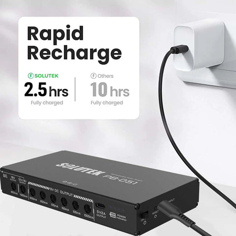 Rechargeable Guitar Pedal Power Supply With 12800mAh High-Current Battery, Delivers 9V 12V 18V And 5V Rails For Pedalboards And More Devices, Ultra Compact, Gig-Ready, Ready To Go, Model PB-051 charging with power adapter