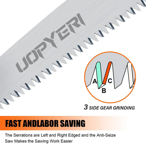 Close-up of teeth on 8 Inch Folding Hand Saw With Safety Guard Heavy Duty Pruning Tool For Tree Trimming And Camping High Carbon Steel