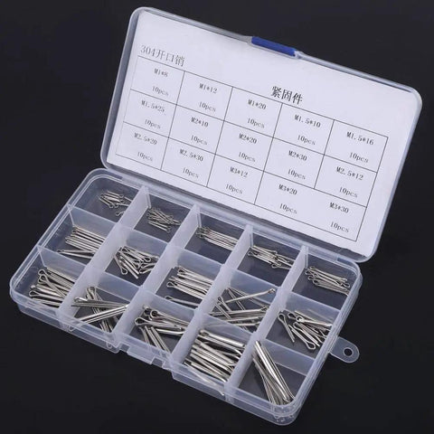 Heavy Duty Split Cotter Pin Kit 150 Pcs Set Featuring 15 Sizes M1-M3 in open plastic case, showing 304 stainless steel pins