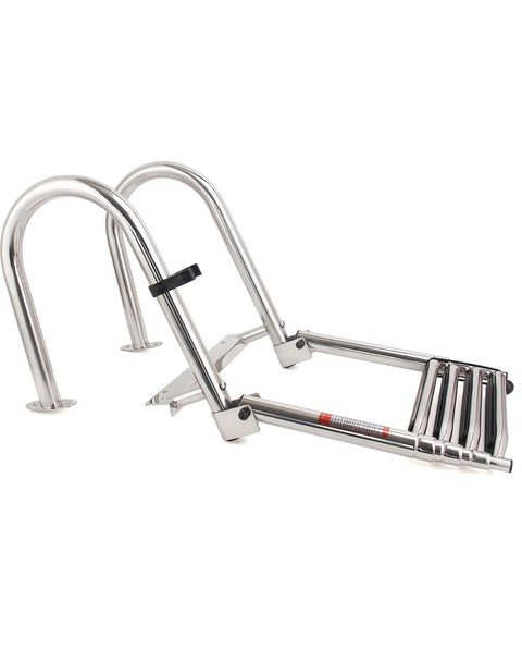 Badass 4 Step Telescoping Dock Ladder For Pontoon Boats And Yachts Heavy Duty 600 Pound Capacity stainless steel foldable rear entry swim ladder.