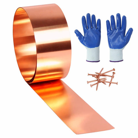 Pro Grade Copper Flashing Roll 99.95 Percent Pure 16 Oz 24 Gauge 0.5mm Thick Four Inch Wide by Ten Feet Long for Roofing and DIY Projects Includes Cut Proof Gloves and Ten Copper Nails RoHS Compliant