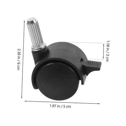 Single caster from Four Pack Swivel Caster Wheels With Locking Brakes, Heavy Duty Polyurethane Replacement Wheels For Furniture, Small Carts And Appliances, Easy Install, Smooth Rolling For Office Chairs And Home Gear, showing dimensions of 2.36 x 1.97 x 1.18 inches, shiny stem visible, made from PU.