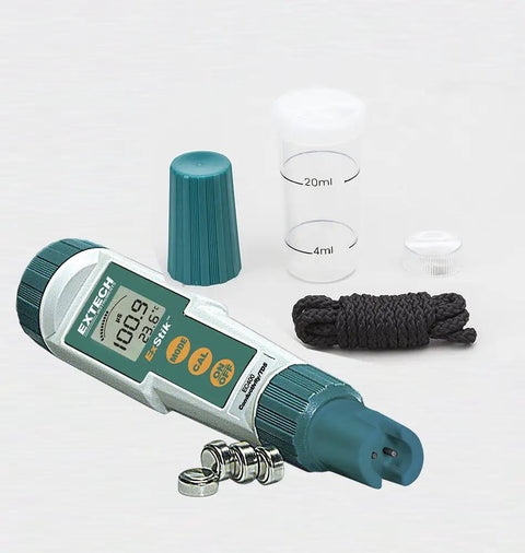 Waterproof ExStik Conductivity TDS Salinity and Temperature Meter With Six Units of Measure and accessories displayed