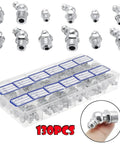 Fafeicy Grease Nipple Fitting Assortment Kit 130PCS Galvanized Steel Hydraulic Zerk Fittings Mixed Straight And Angled M6 M8 M10, box