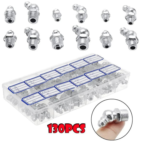 130 Piece Galvanized Hydraulic Grease Nipples Kit For Automotive And Industrial Fittings UNF 45 Degree Angle Heavy Duty Set Box
