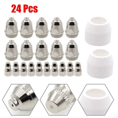 Plasma Cutting Torch Consumables Kit For P80 Style Lotos LTP8000 80A IGBT Cutter, 24 Pieces Including Electrodes, Nozzles, Shield Cups