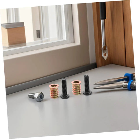 Wood Threaded Insert Kit For Furniture Repair 50 Pcs with nuts, bolts, wrenches on table near window corner