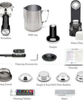 Barista Pro Espresso Machine With Built-In Grinder And 4 Keys Formula accessories: portafilter, milk jug, tamper, water filter, and more.