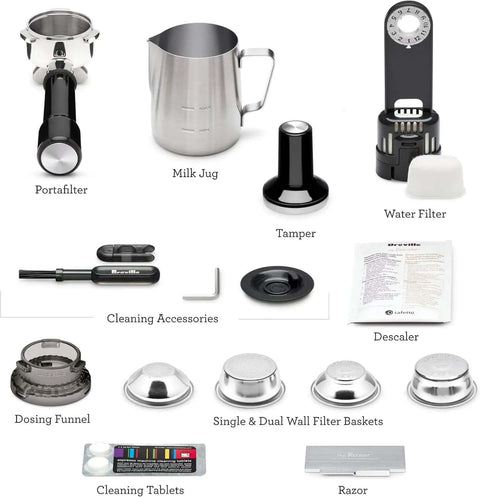 Barista Pro Espresso Machine With Built-In Grinder And 4 Keys Formula accessories: portafilter, milk jug, tamper, water filter, and more.
