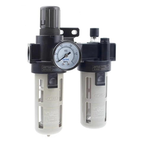 Three In One FRL Air Filter Regulator Lubricator Combo With 1/4 Inch NPT Ports, 20 To 130 PSI Operating Range, and 140 PSI Pressure Gauge