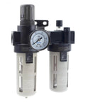 All In One Air Filter Regulator Lubricator Combo 3/8 Inch NPT Ports And 0 To 140 PSI Range Gauge Included Semi Auto And Auto Drain Dual FRL Assembly