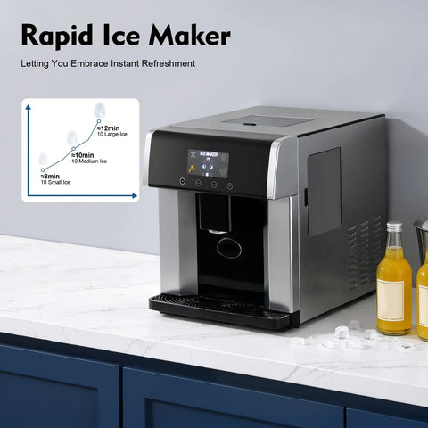 Countertop Ice Maker 2 In 1 Water Dispenser Drop Dead Fast Round Ice Maker With Cold Water On Demand And 1 Custom Ice Settings to slurp up frosty sips all night long, sleek silver design.