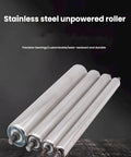 Heavy Duty Stainless Steel Conveyor Idler Roller Built Tough With Spring Loaded Axle Runs Smooth On Any Industrial Line For Quick Swap Installations And Long Lasting Use, showing four smooth unpowered rollers.