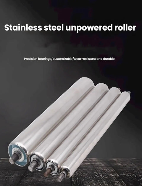 Heavy Duty Stainless Steel Conveyor Idler Roller Built Tough With Spring Loaded Axle Runs Smooth On Any Industrial Line For Quick Swap Installations And Long Lasting Use, showing four smooth unpowered rollers.