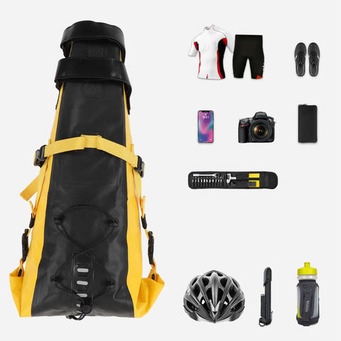 Durable 13L Bikepacking Bag For Long Rides With Large Capacity Yellow And Black Exterior Built To Last Buckles And Waterproof Material