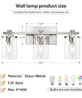 Three Light Vanity Lights In Brushed Copper Over Mirror With Clear Glass Shades dimensions and specs displayed.