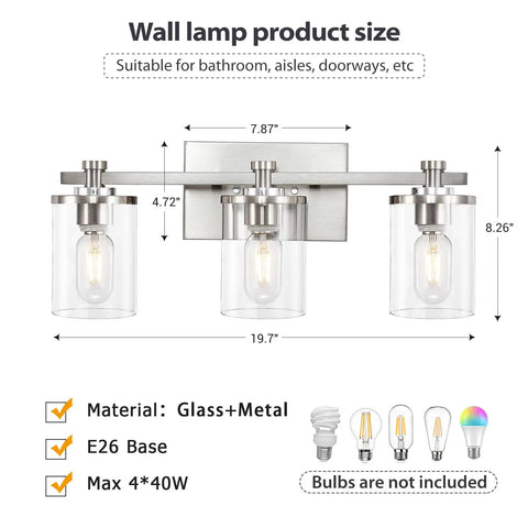 Three Light Vanity Lights In Brushed Copper Over Mirror With Clear Glass Shades dimensions and specs displayed.