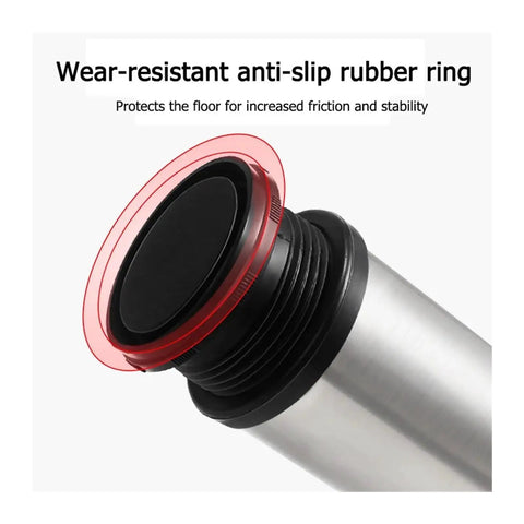 Close-up of adjustable stainless steel furniture feet with anti-slip ring, 50mm to 500mm options, durable and quiet stability