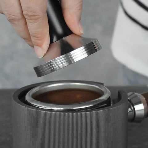 Top Shelf Two In One Espresso Tamper And Coffee Distributor Equipped With 58Mm Stainless Steel Barista Tool for Portafilter in use.