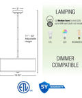 Dimensions and features of Three Light Drum Pendant Chandelier with White Fabric Shade and brushed nickel finish.