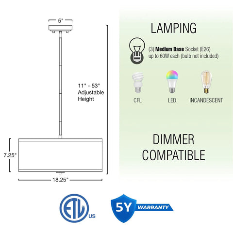 Dimensions and features of Three Light Drum Pendant Chandelier with White Fabric Shade and brushed nickel finish.