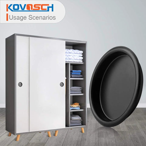 Six Pack Black Round Sliding Closet Door Finger Pulls 2-1/8 Inch Diameter, snap-in installation on wardrobe with visible shelving.